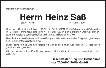 Traueranzeige von Heinz Sass von Pegnitz-Zeitung